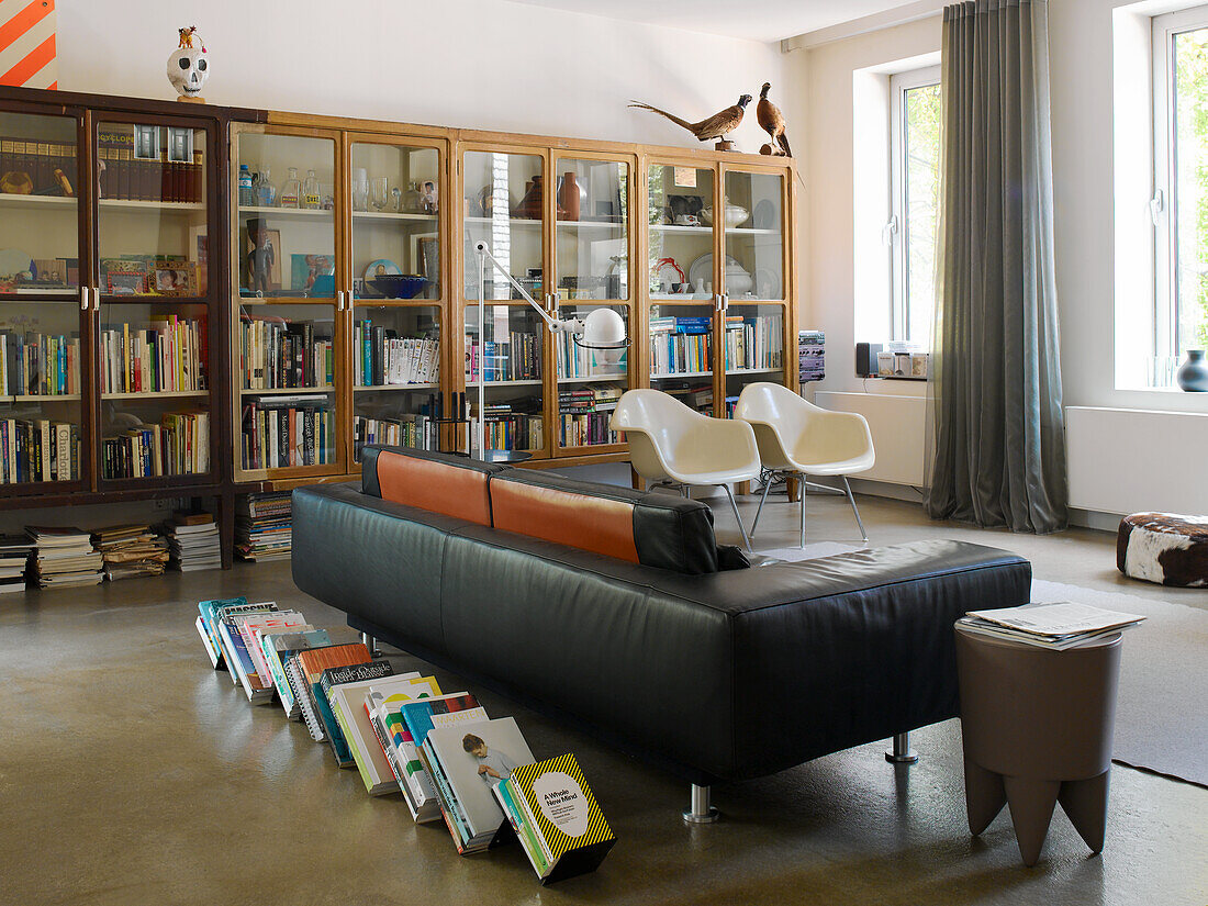 Large living room with leather sofa and bookcases