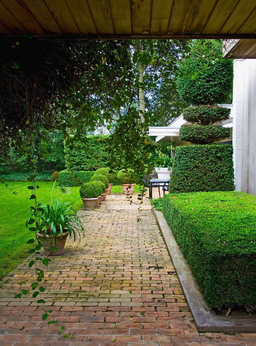 Gepflasterten Gartenweg mit Pflanzenkübel und formgeschnittenen Hecke vor Haus