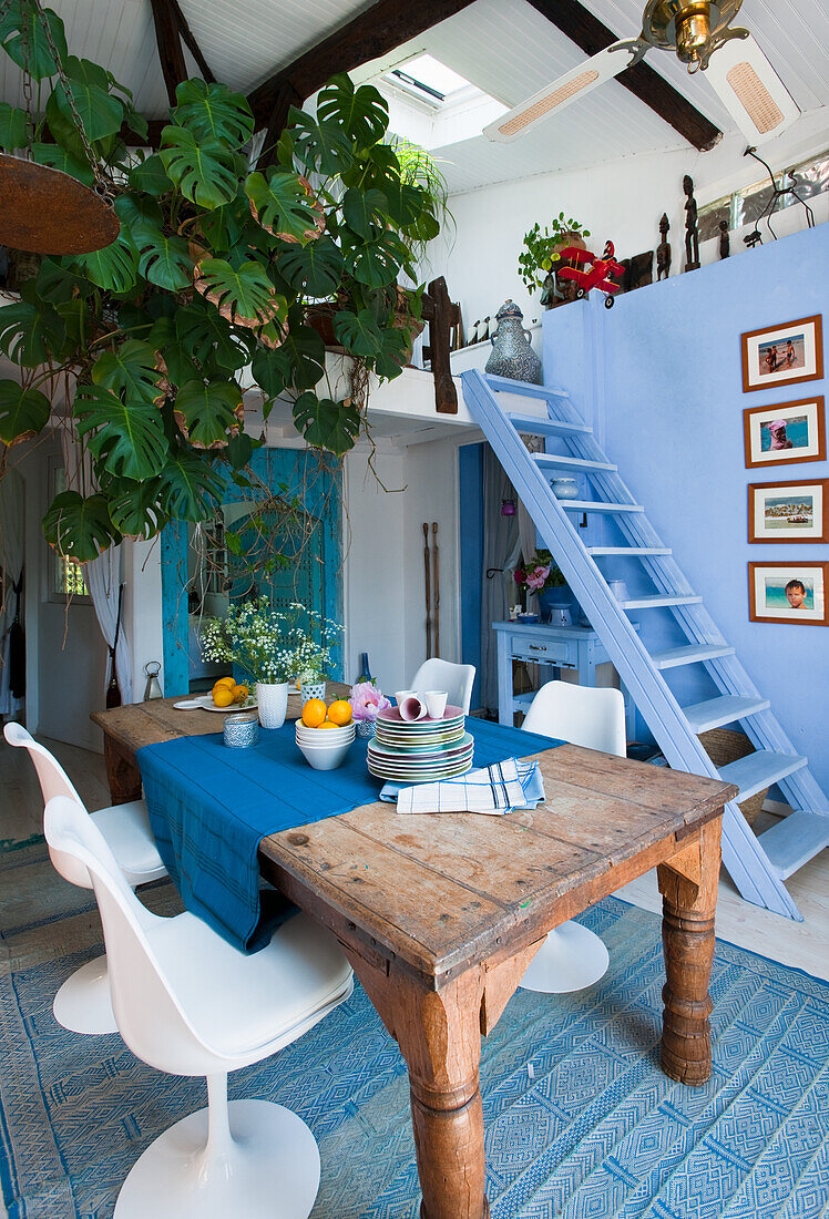 Holztisch mit blauem Tischläufer, Monstera und blaue Holzleiter