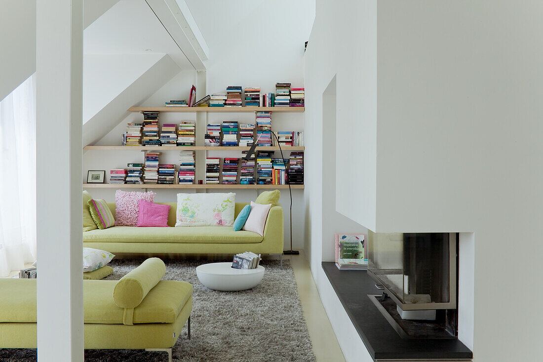 Attic living room with bookshelf and fireplace