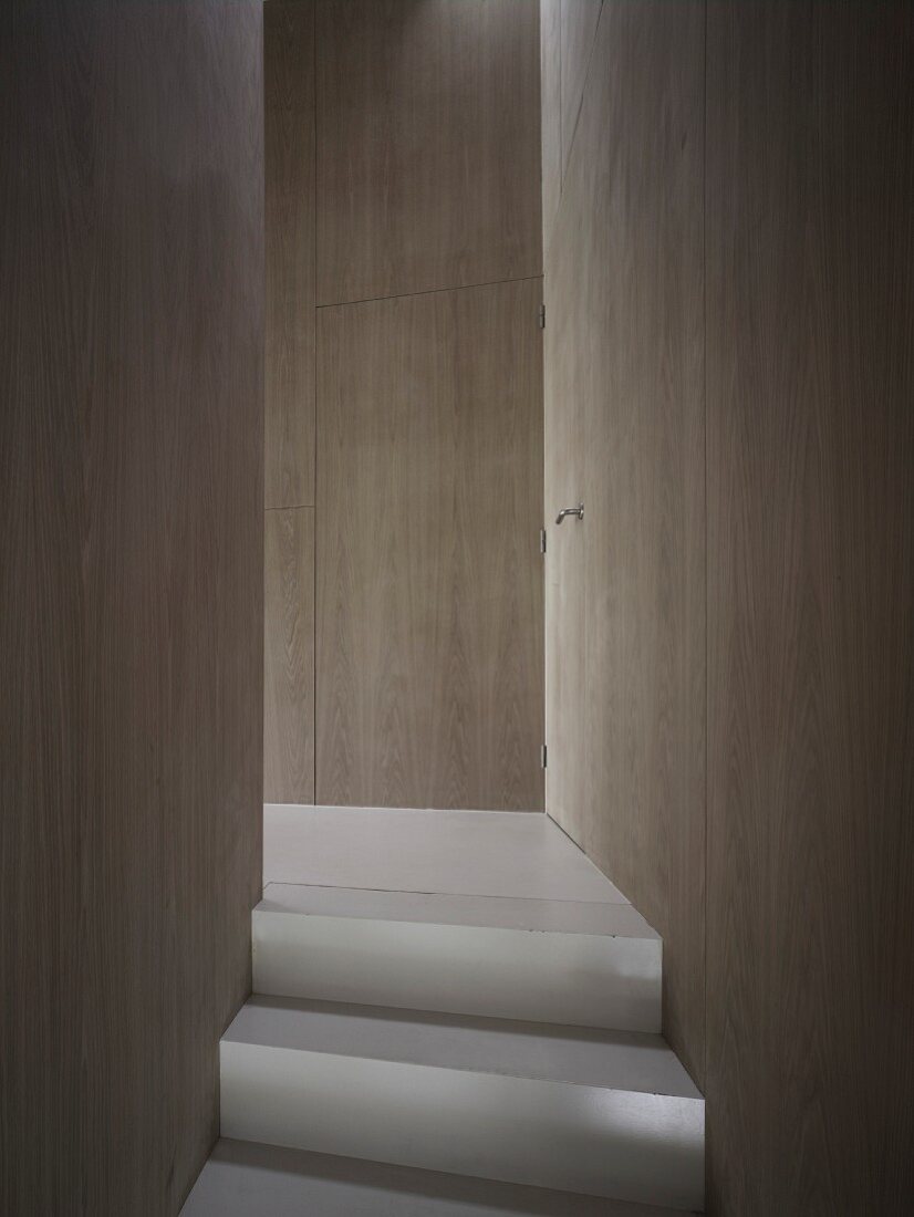 Top of stairs in purist corridor with integrated doors flush with wood cladding