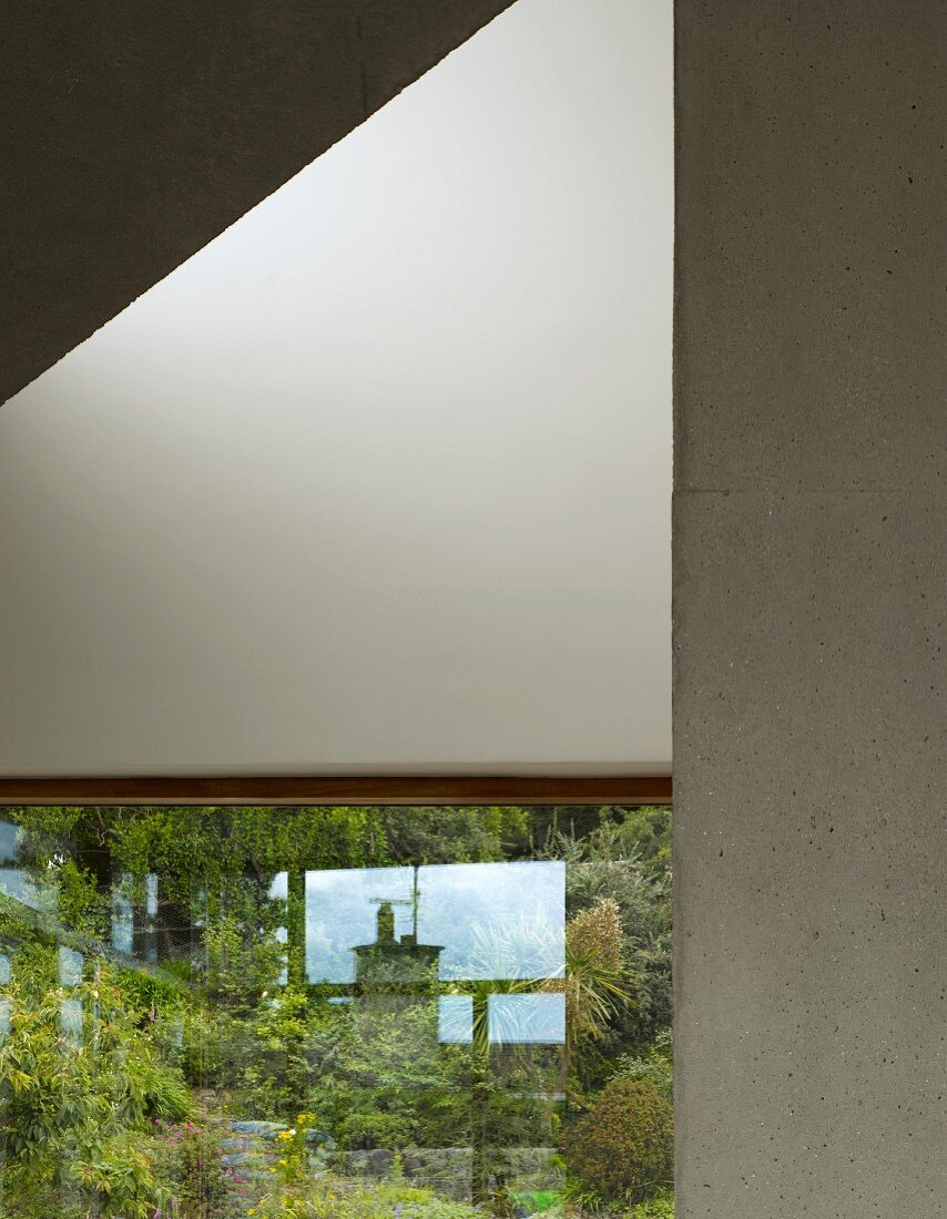 Ausschnitt moderner Architektur mit Fenster und Blick auf wilden Garten