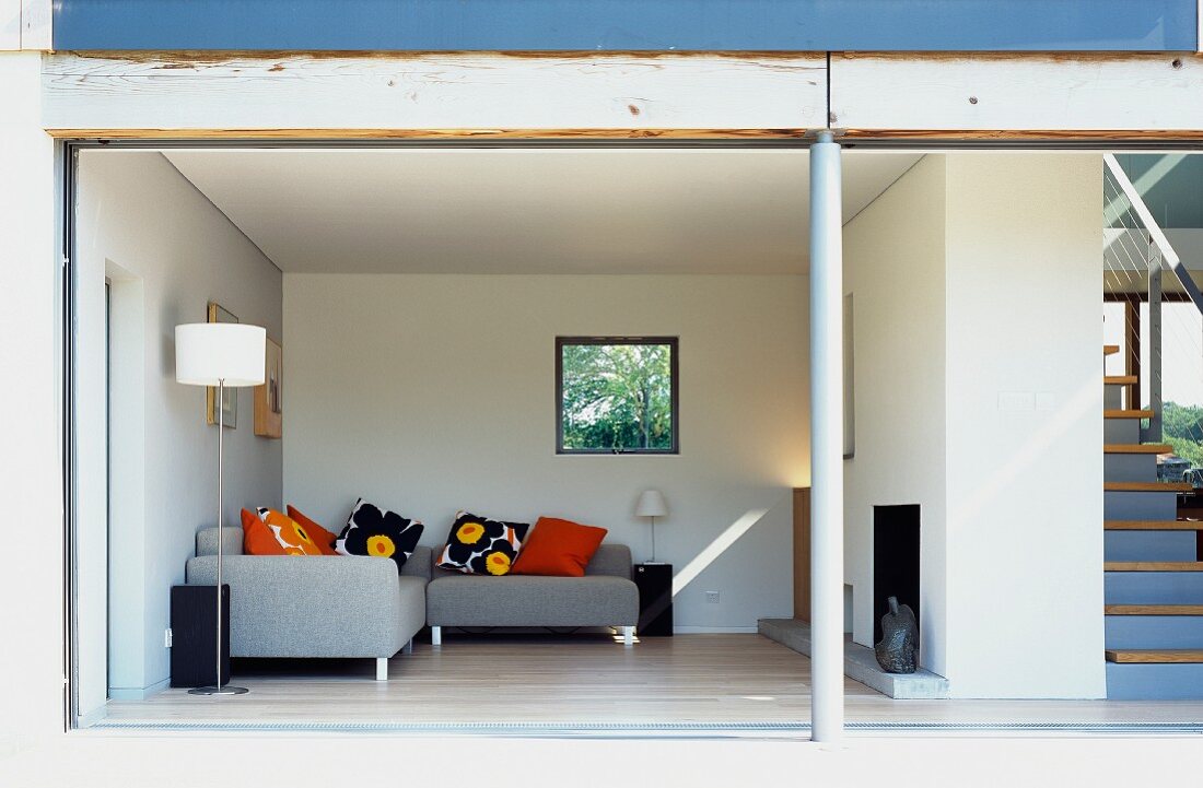 View into living room through open sliding terrace doors