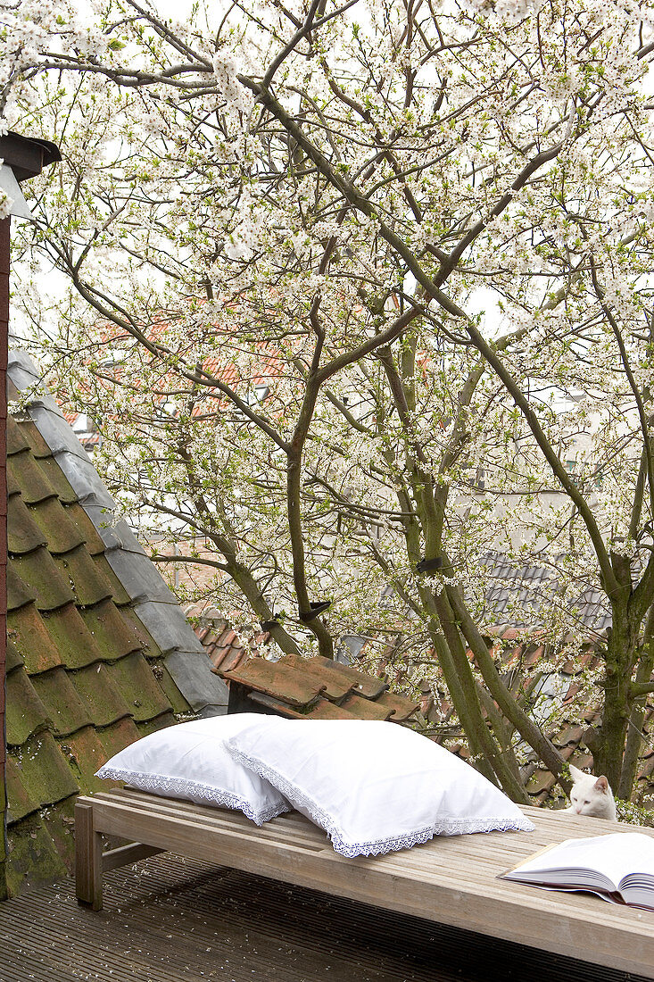 Moderne Holzliege und Kissen mit weissem Bezug auf Dachterrasse und Blick auf blühendem Baum
