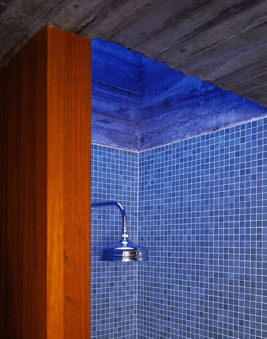 View into shower with blue tiles