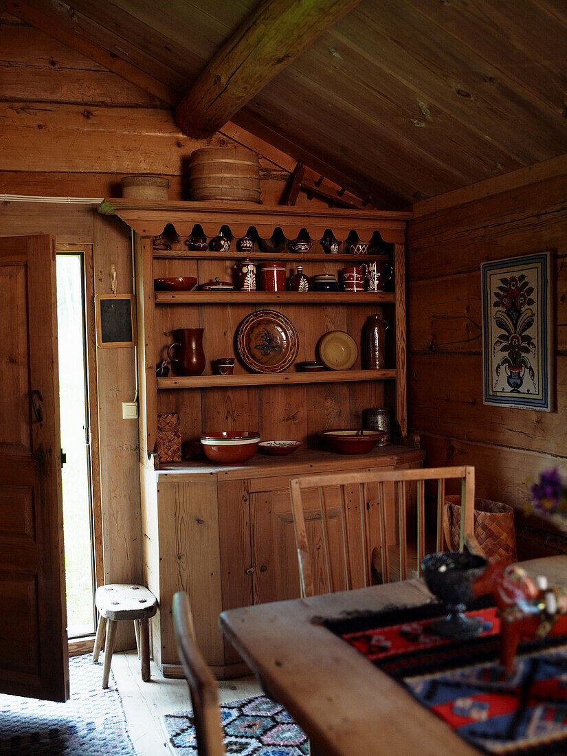 Traditional furnishings in a wooden hut