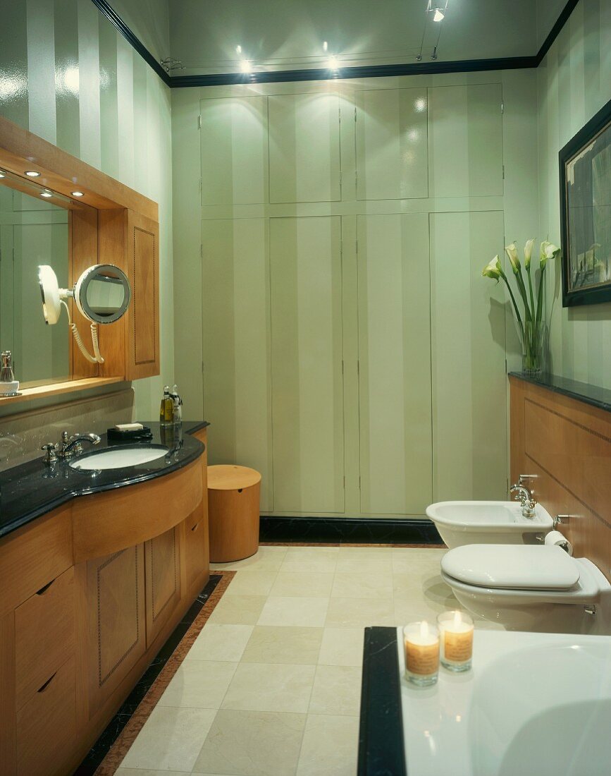 Classic, modern bathroom with wooden washstand