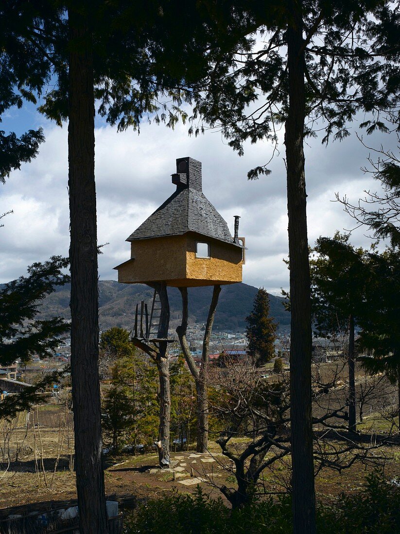 Modern tea house in Japanese landscape