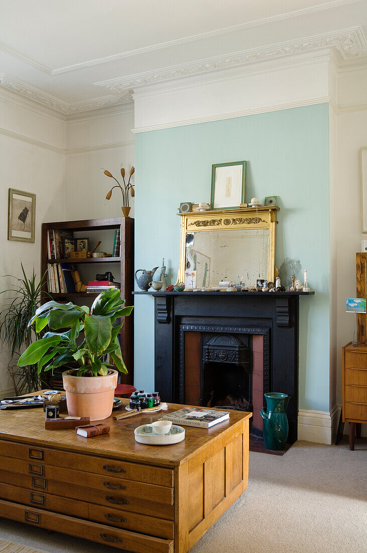 Living room with fireplace, antique mirror and houseplant