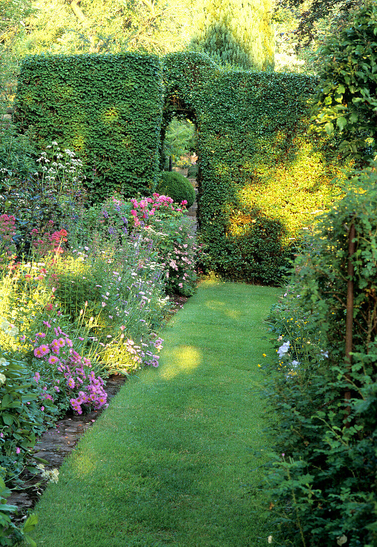 Flowering shrub beds next to lawn path with hedge arch in the garden