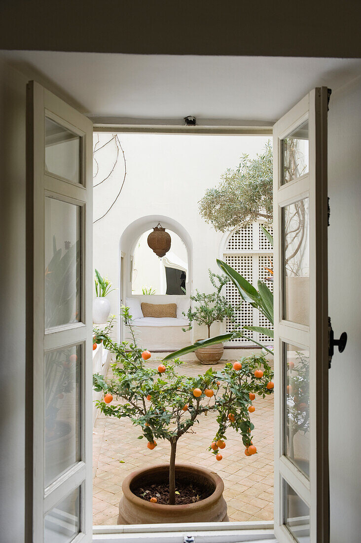 Offene Fenstertür mit Blick auf Innenhof und Orangenbaum im Terrakottatopf