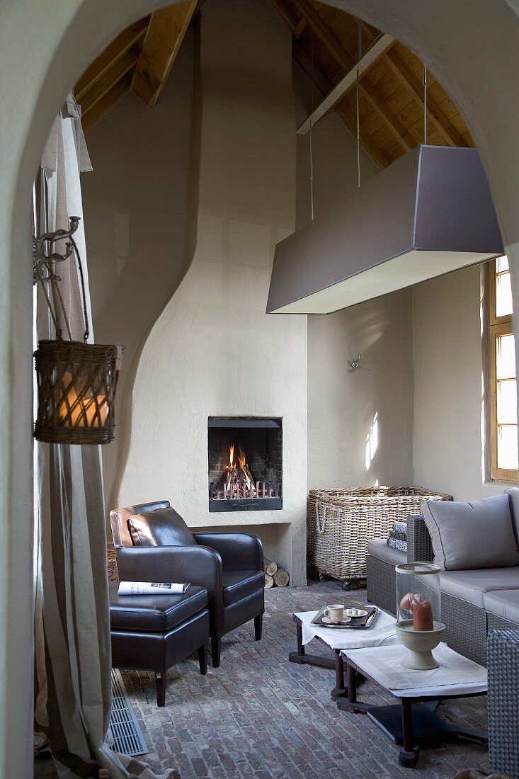 Rustic living room in modern country-house style with cubic pendant lamp