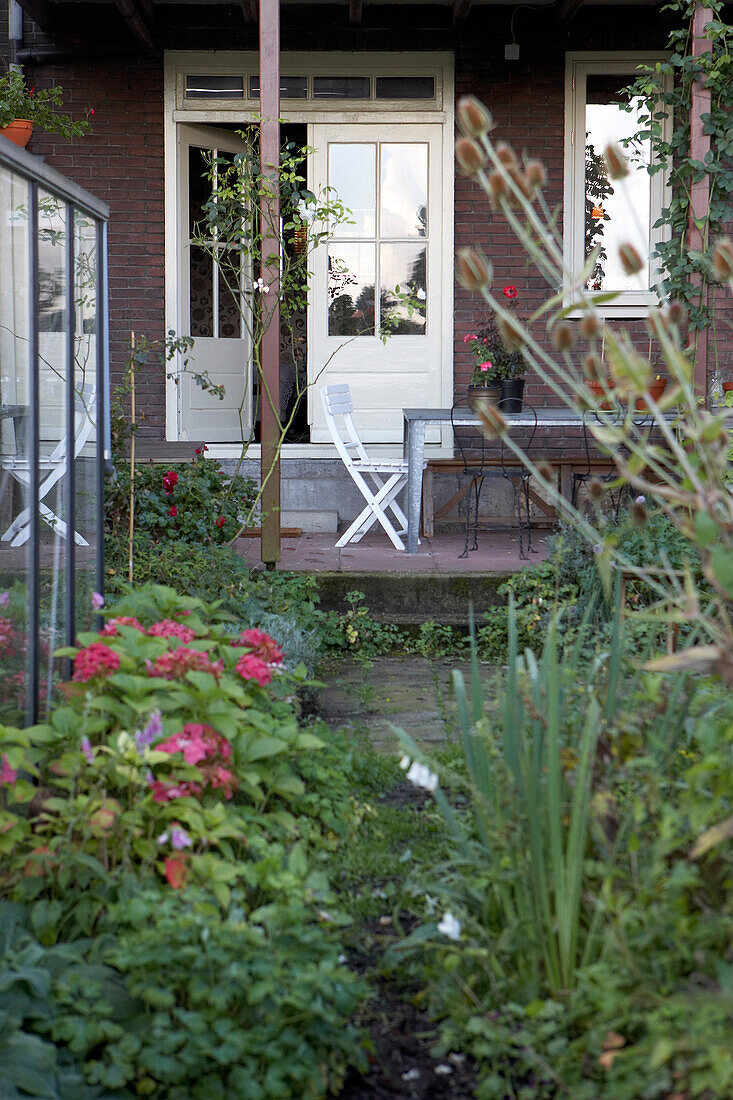 Small, leafy garden with terrace, garden furniture and glass house