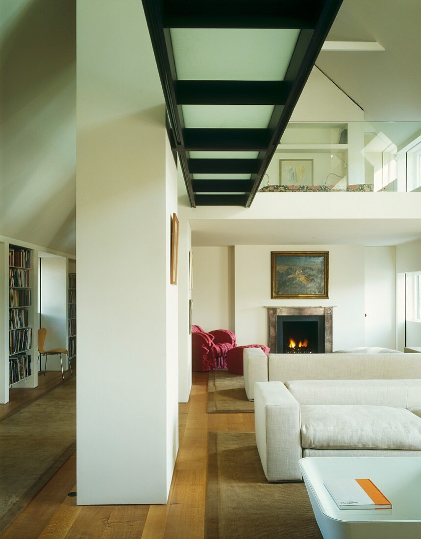 Open-plan, double-height living room