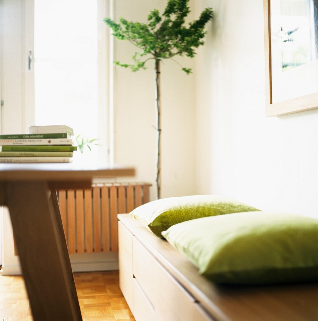 Sitzbank mit Kissen und ein Holztisch in einem Wohnzimmer