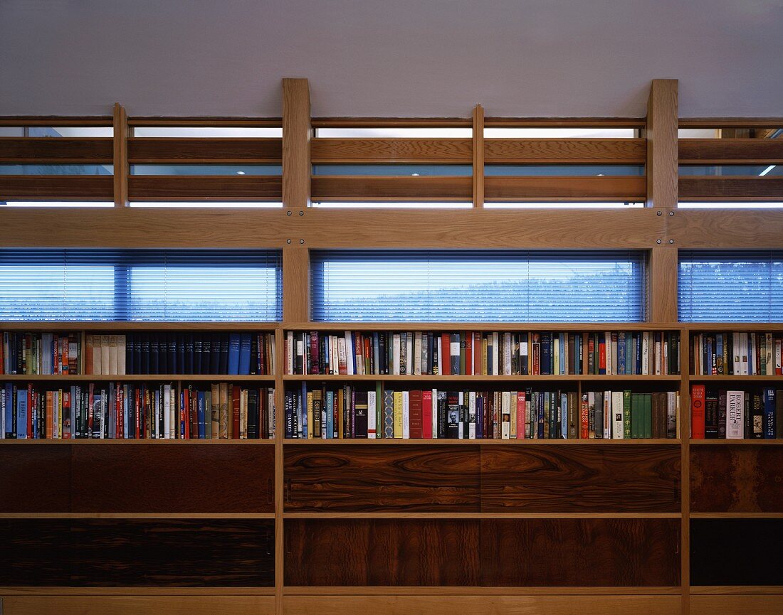 Half-height shelving with open and closed wooden doors