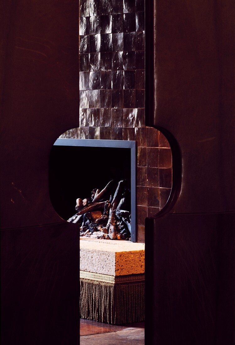 View of fireplace through narrow crack in door