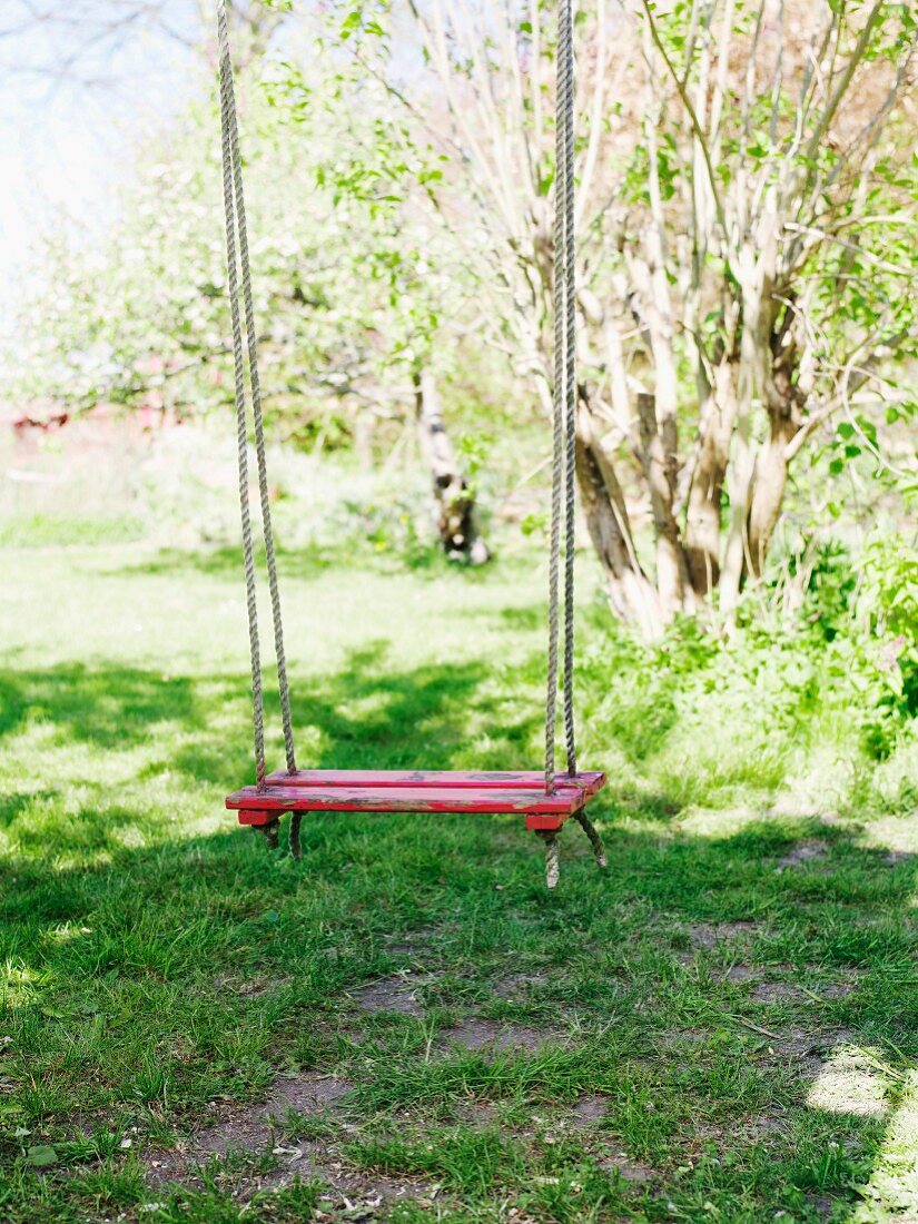 Swing with red painted seat in garden