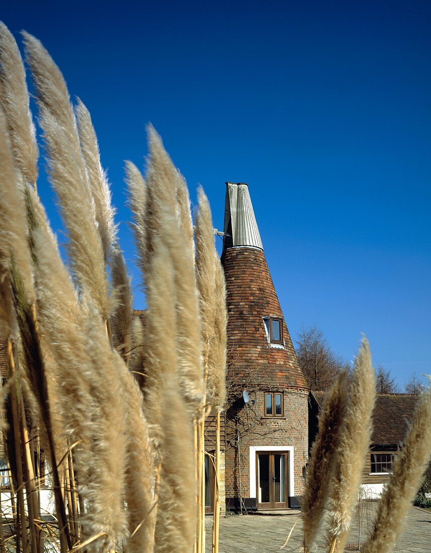 Converted oast house and wind-blown grasses on country estate