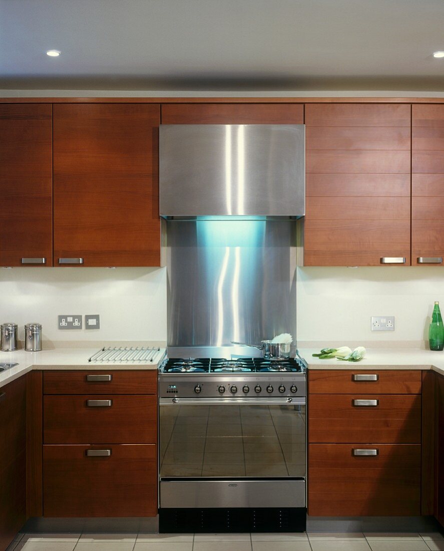 Modern kitchen with dark wood doors and stainless steel cooker unit