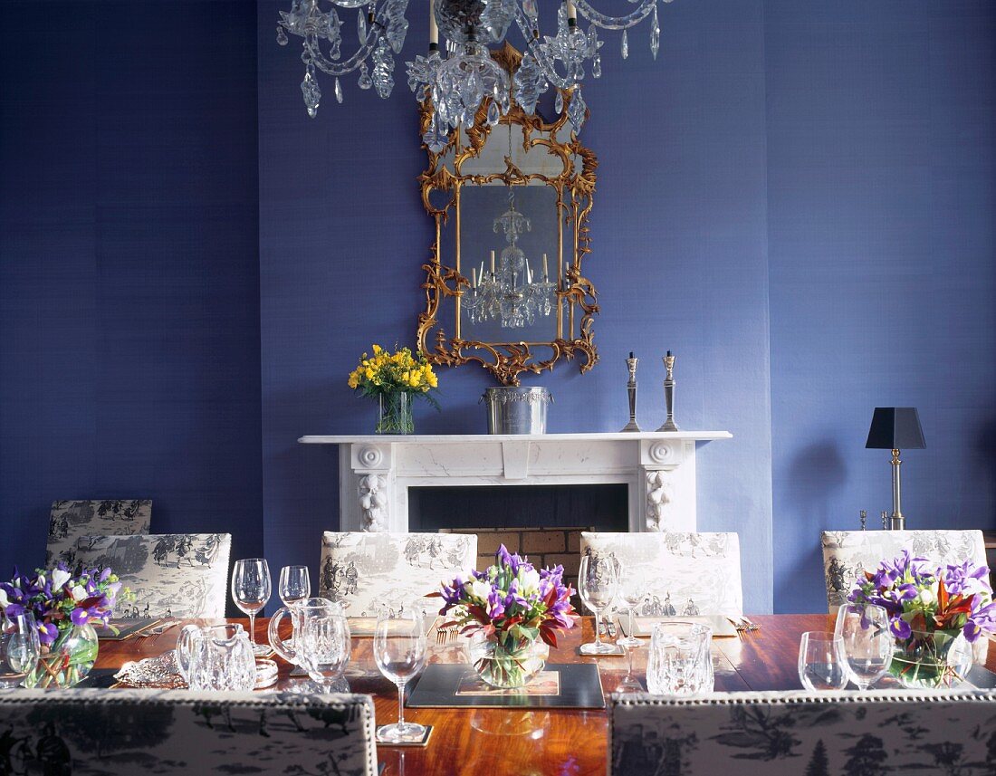 Festive table in blue-painted dining room