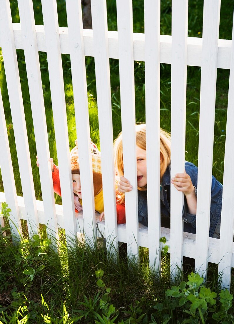 Children peeping through garden fence