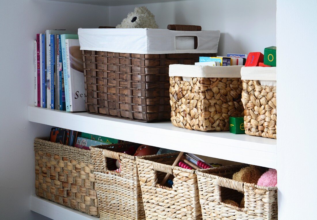 Shelves with various storage baskets