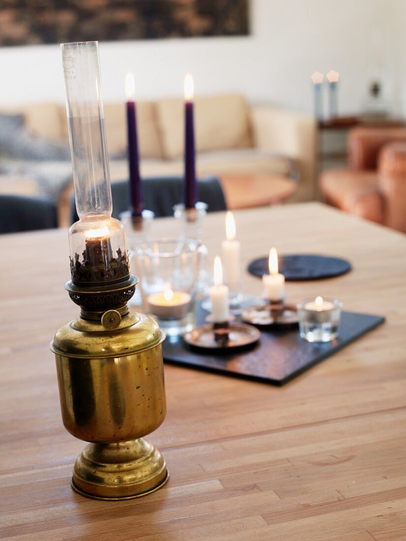 Oil lamp, candles and tea light holders