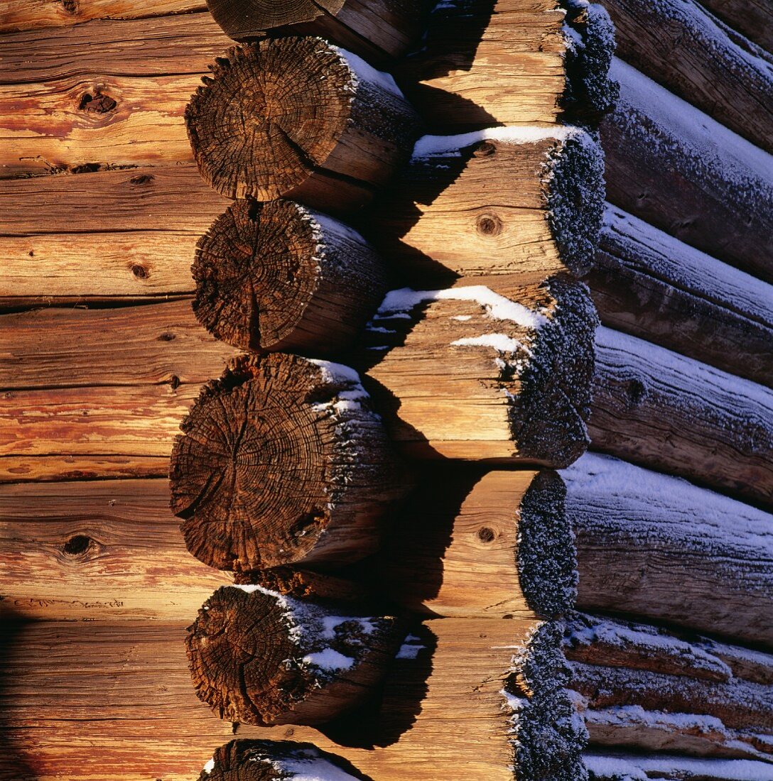 The outside corner of a log cabin