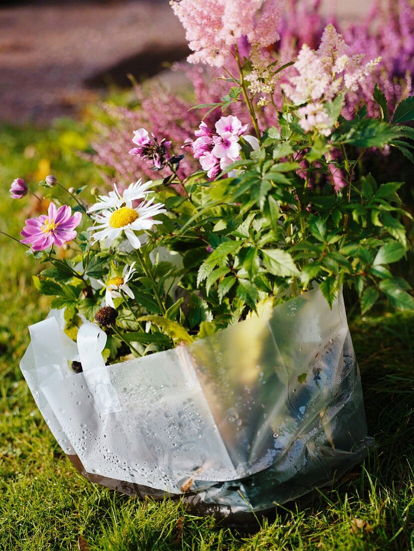 Plastic bag with flowers in the garden