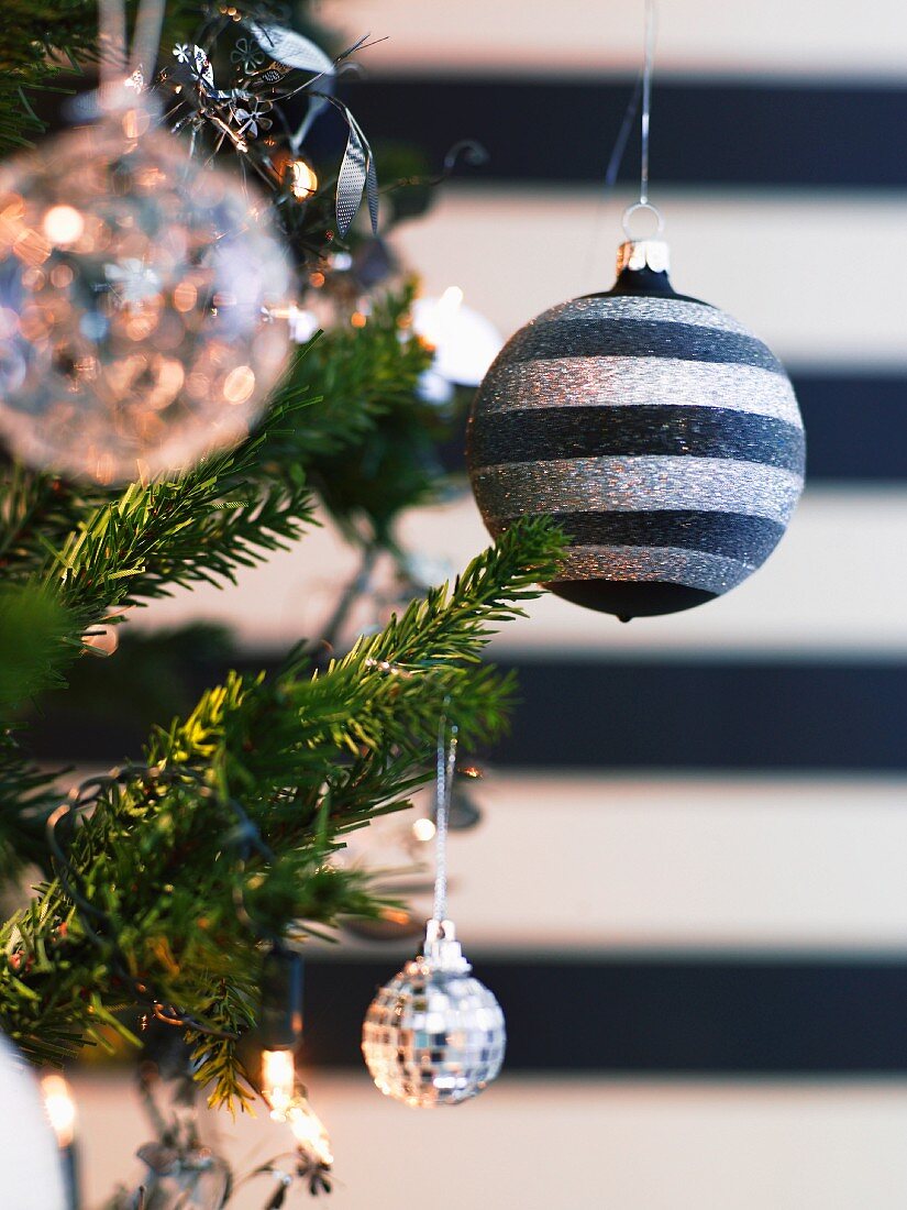 Assorted Christmas balls on a tree