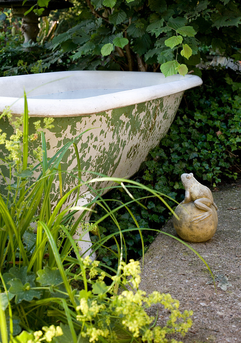 Froschkönig vor einer alten Badewanne im Garten
