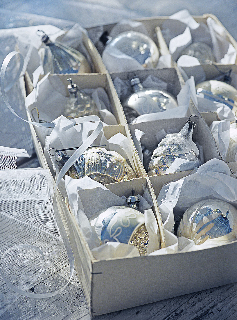 Christmas tree baubles in box