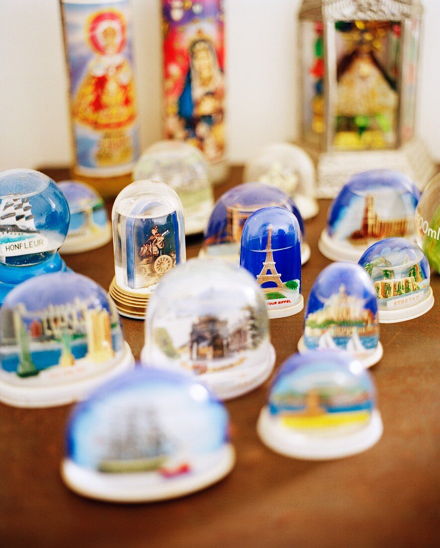 Collection of snow globes on a table