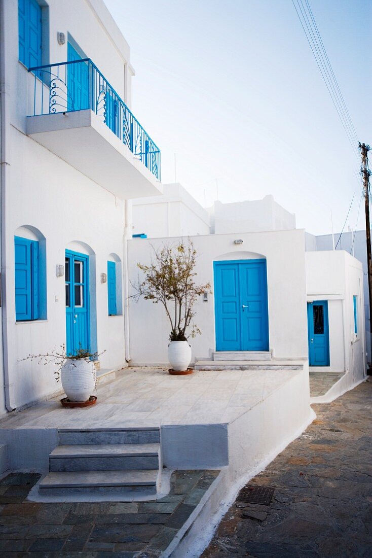 Mediterranean houses with blue windows and doors