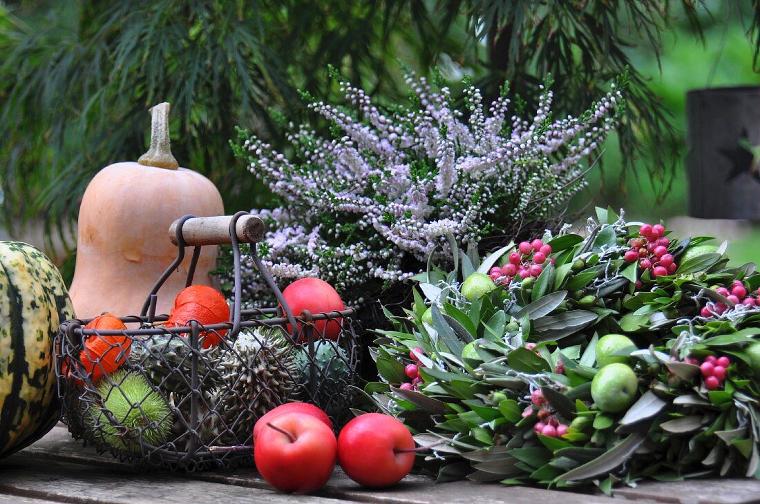 Herbstliche Tischdeko mit Zierkürbissen, Erika, Zieräpfeln und Olivenkranz