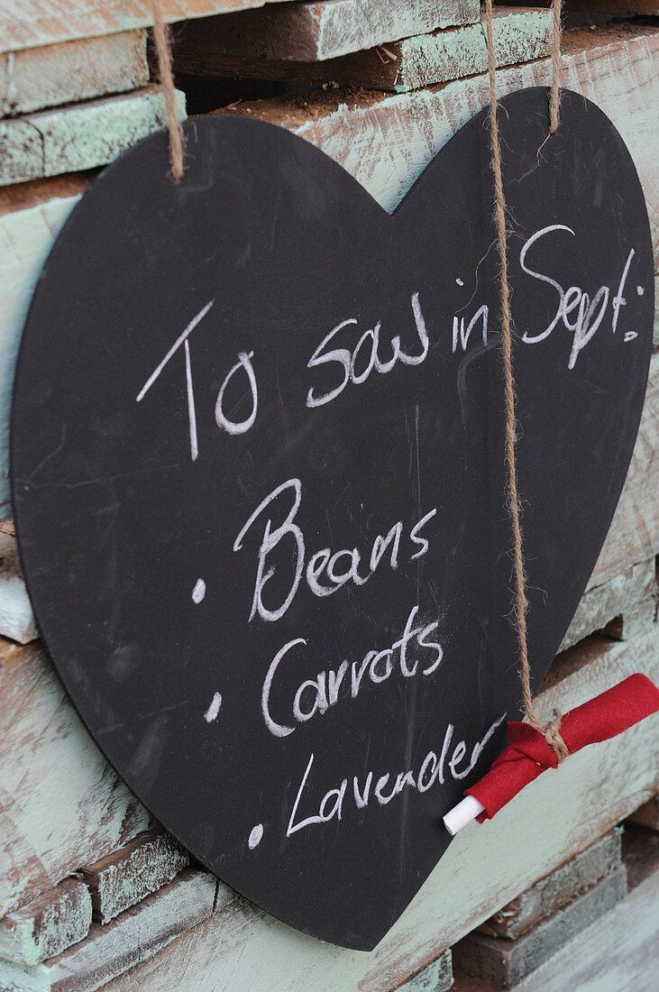 Vegetable and herb notes - writing on heart-shaped blackboard