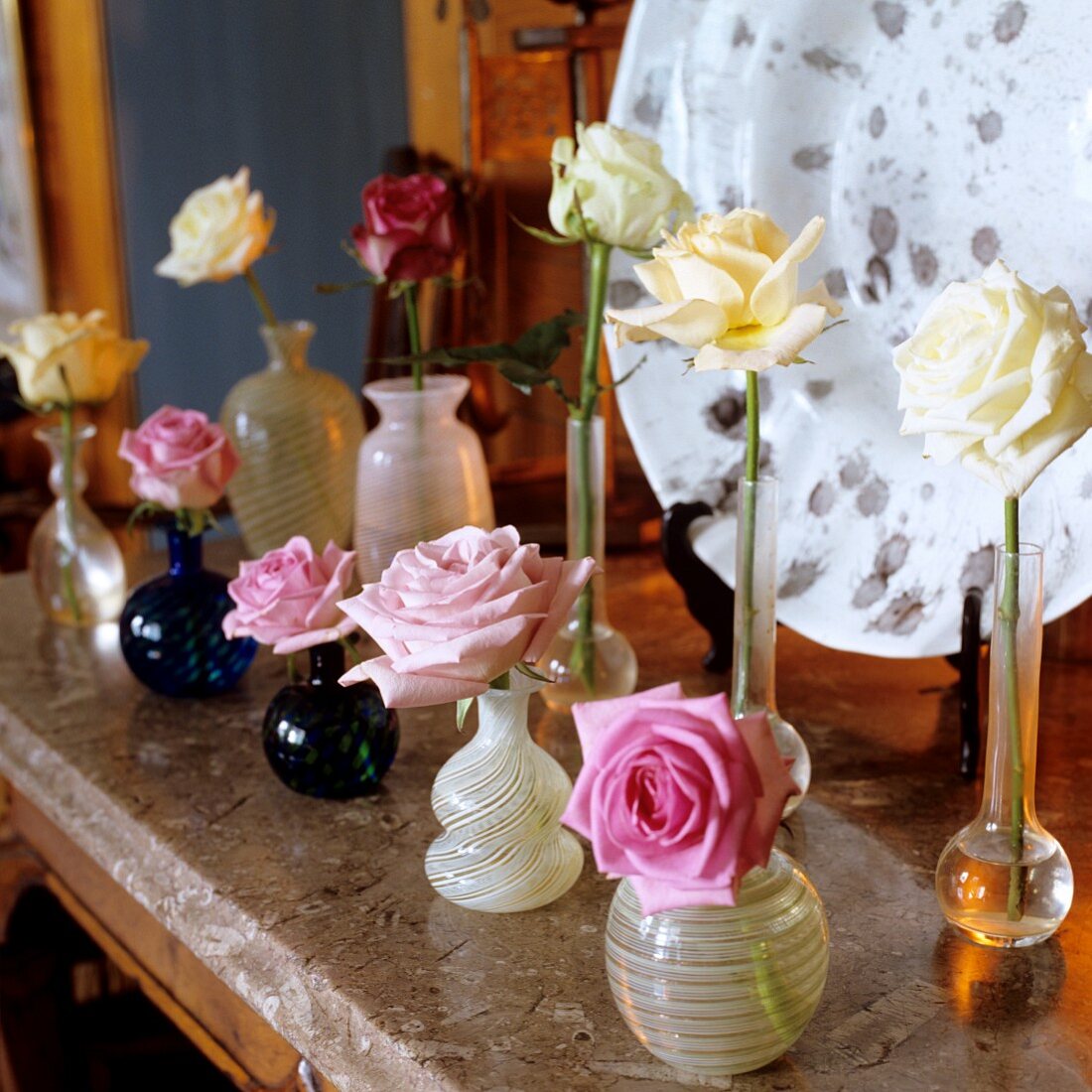 Single roses in different glass vases on stone slab