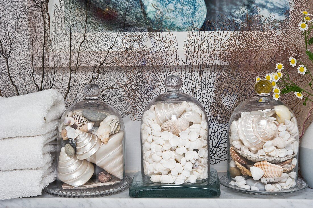 Mit Muscheln gefüllte Glashauben auf einer Marmorablage im Badezimmer