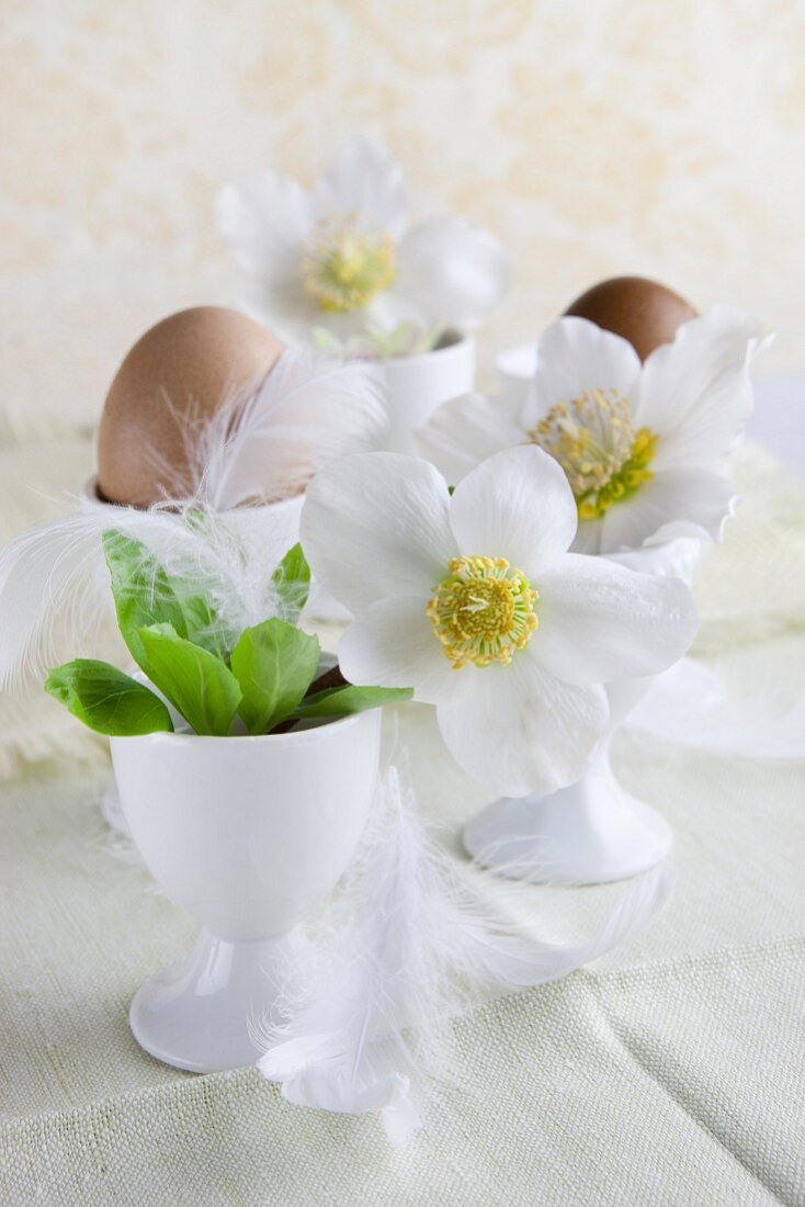 Tischdeko mit Blüten und Federn im Eierbecher