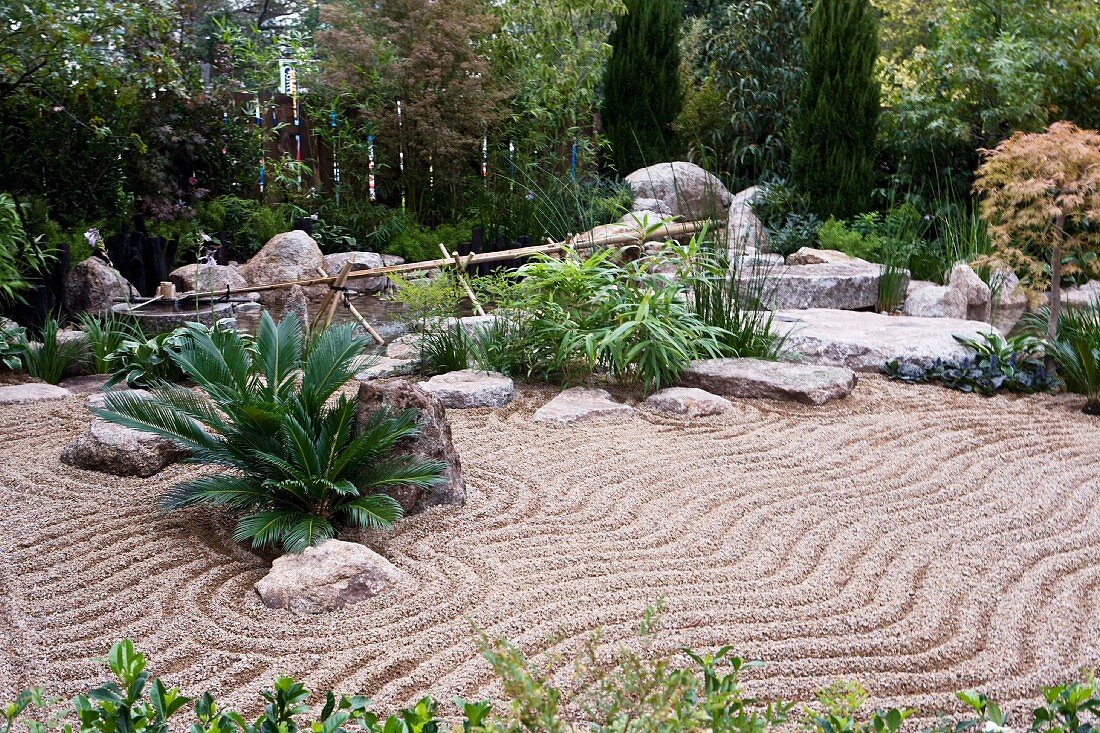 Japanese-style rock garden with patterns raked in gravel