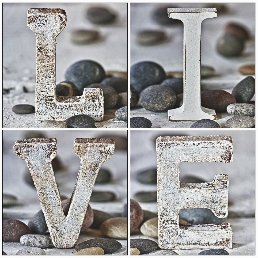 Composition of separate still-life photos of wooden letters and pebbles