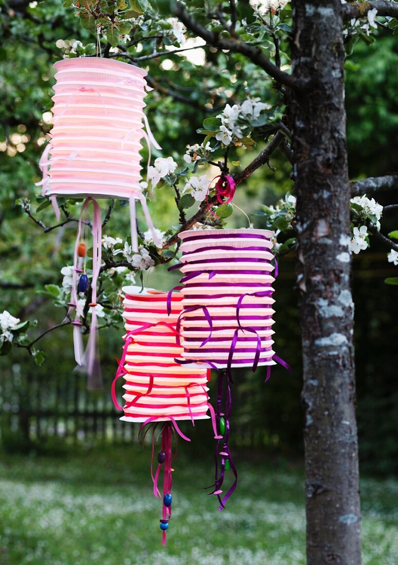 Mit Dekobändern dekorierte Zuglaternen hängen am Baum