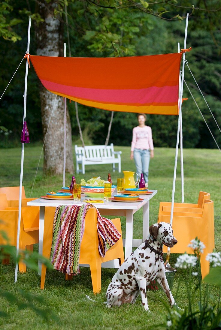 Hand-sewn awning stretched between bamboo canes above set table with orange armchairs; Dalmatian in foreground and woman in blurred background