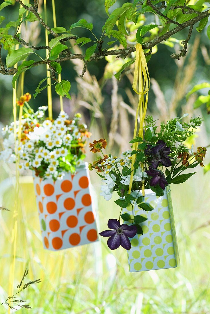 Flowers in colourful tins hanging from tree