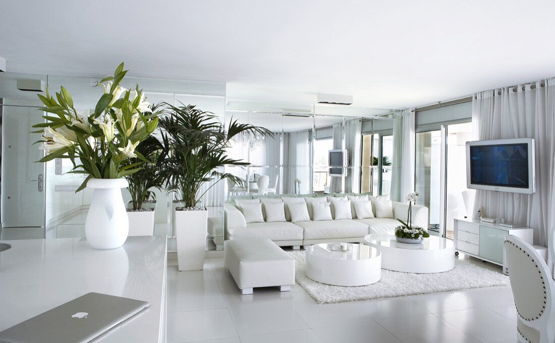 White lounge area with planters next to leather couch and low coffee table on flokati rug in contemporary building