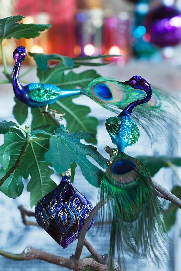 Stilisierte Pfauen aus Glas mit echter Schwanzfeder und orientalische Weihnachtsbaumkugel an Feigenbaum