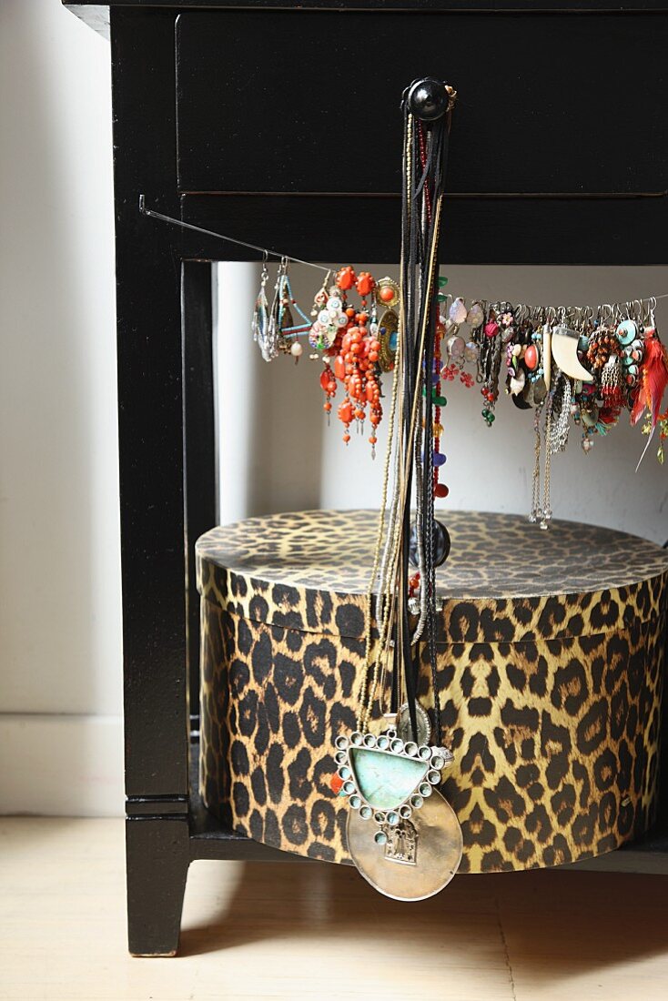 Jewellery hanging from wire above leopard-print storage box
