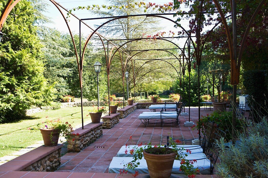 Spacious terrace with pergola of delicate metal struts in Mediterranean garden