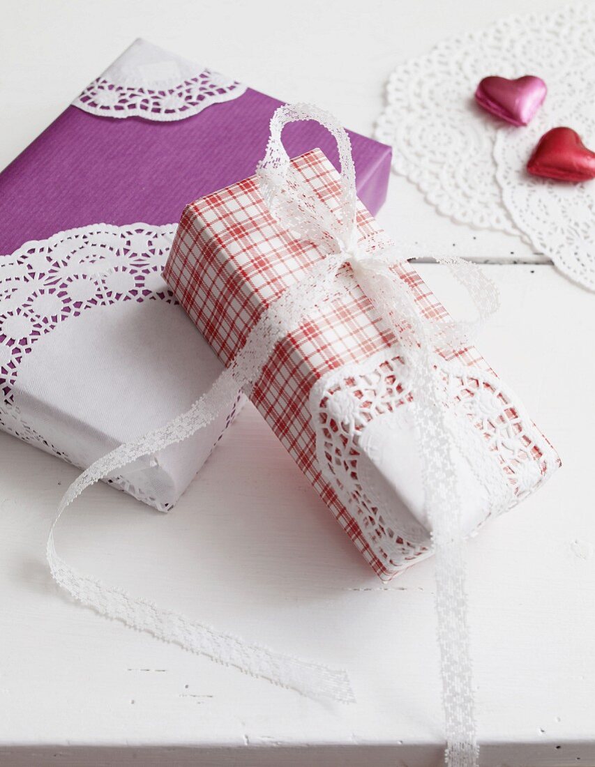 Wrapped gifts with hearts